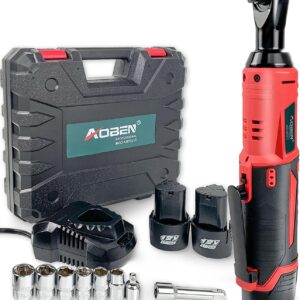 AOBEN Cordless Electric Ratchet Wrench Set, 3/8" 12V Power Ratchet Tool Kit With 2 Packs 2000mAh Lithium-Ion Battery And Charger