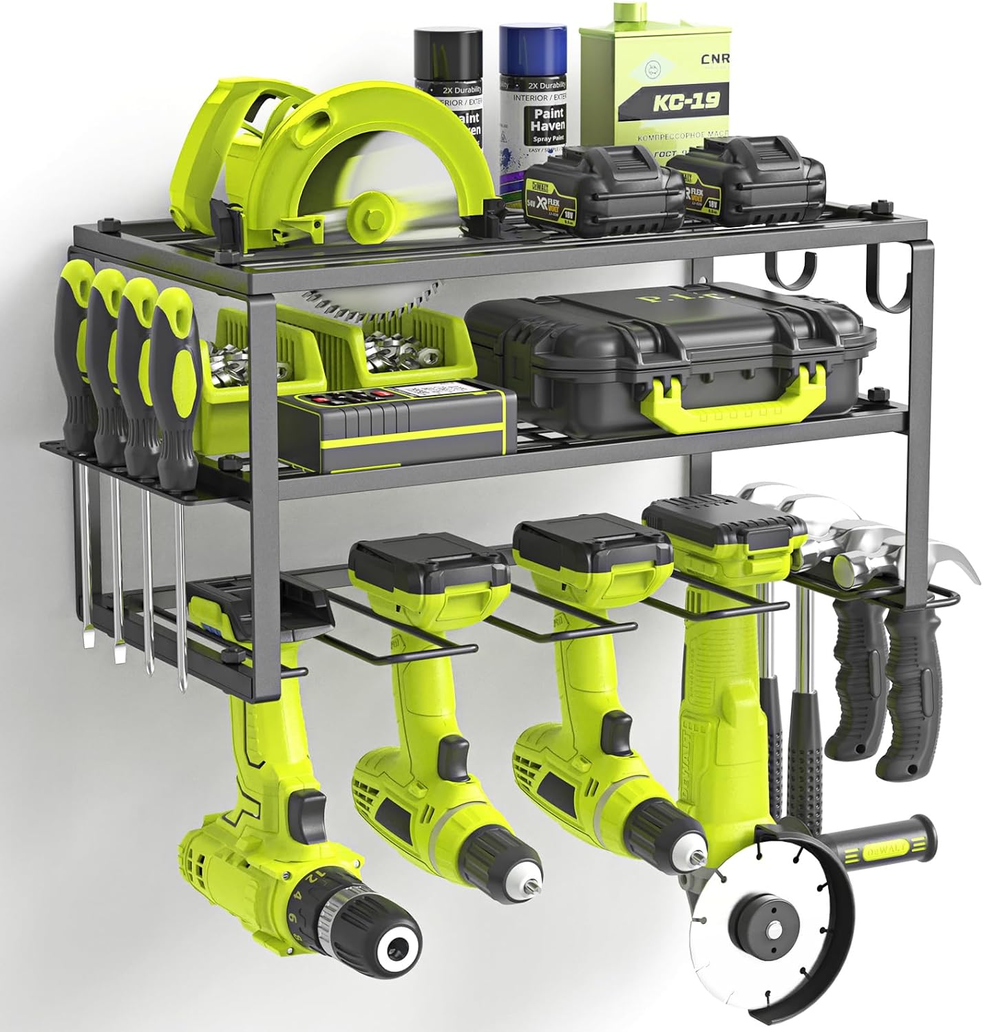 Power Tool Organizer, Heavy Duty Iron, 3 Layers Storage Rack with 4 Drill Holders, Floating Tool Shelf Wall Mounted, Matte Black, Work Shop, Garage, 150Lbs Load Capacity