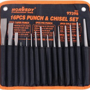 HORUSDY 16-Piece Punch and Chisel Set, Including Taper Punch, Cold Chisels, Pin Punch, Center Punch