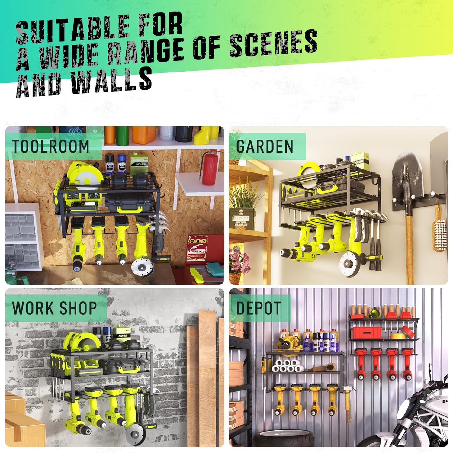 Power Tool Organizer, Heavy Duty Iron, 3 Layers Storage Rack with 4 Drill Holders, Floating Tool Shelf Wall Mounted, Matte Black, Work Shop, Garage, 150Lbs Load Capacity - Image 5