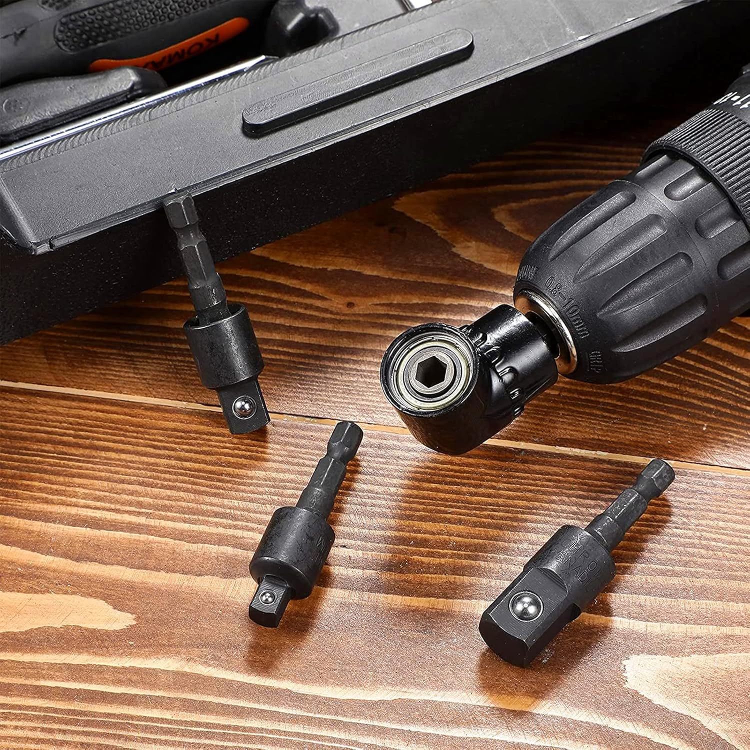 Right Angle Drill Adaptor,4-in-1 Impact Drill Bit Extension,360° Rotatable 1/4 3/8 1/2" Impact Grade Socket Adapter Set,105 Degree Angle Screwdriver Drill Bit for Household Workplace Industry - Image 9